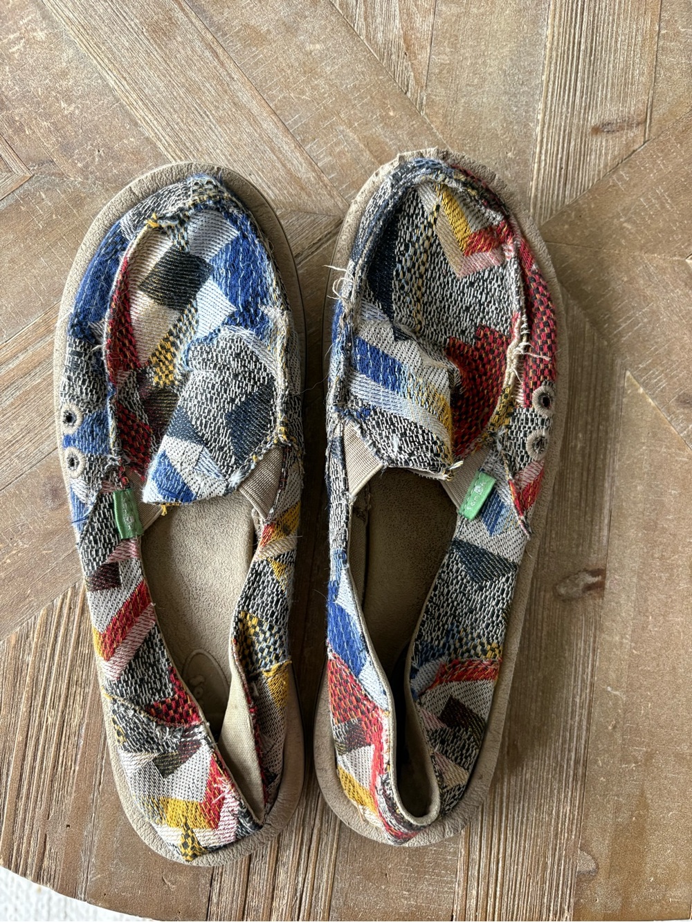 Sanuk Multicolor Geometric Canvas Slip-Ons (Blue, Red, Yellow, Black, Cream)